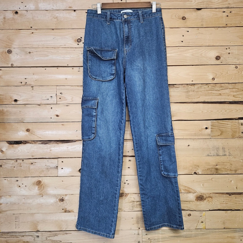 Love Fire Womens High Rise Cargo Jeans Medium Wash Straight Leg Size 7‎